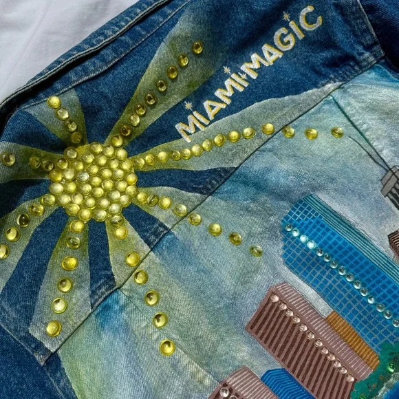 Custom Hand-Painted Miami Magic Skyline & Wizard Vintage Denim Jacket - Picture 4 of 10
